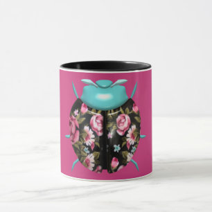 Caneca Ladybug victorian floral vintage, preto-rosa-giro