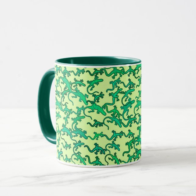 Caneca Lagartos verdes num fundo verde limão (Frente Esquerda)