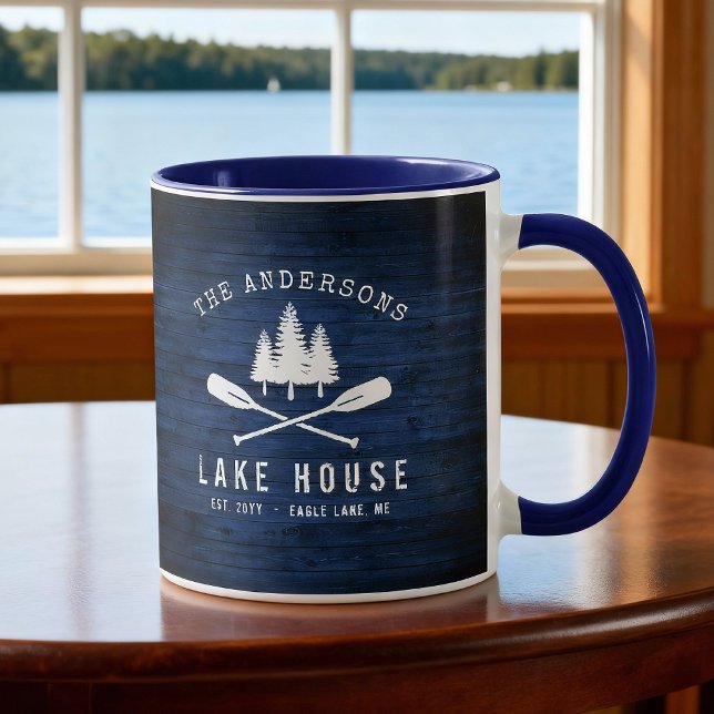 Caneca Lago Rustic House Barat Oars Trees Blue Wood Impre (Criador carregado)