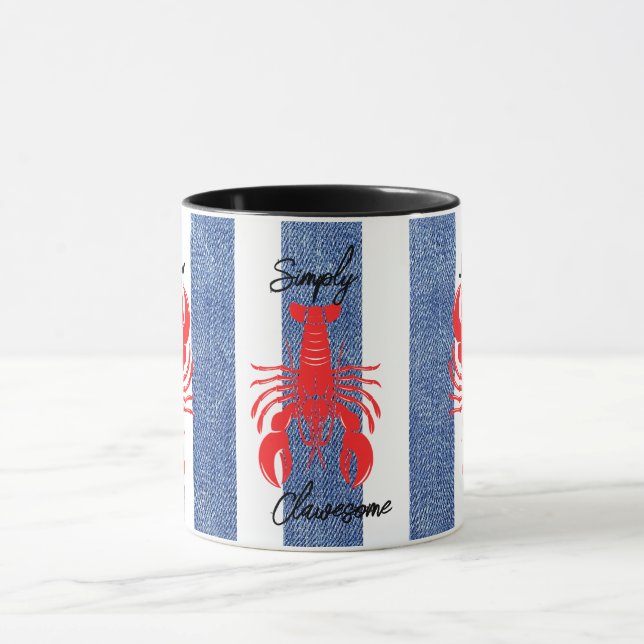 Caneca Lagosta Vermelha nas tiras de Denim Azul e Branca (Centro)