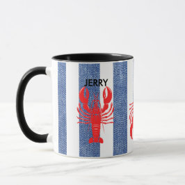 Caneca Lagosta Vermelha nas tiras de Denim Azul e Branca