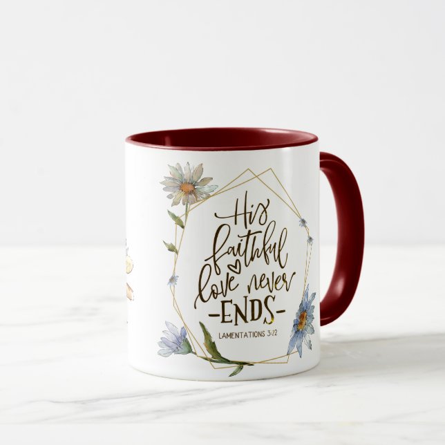 Caneca Lamentações 3:22 Seu Amor Fiel Nunca Termina (Frente Esquerda)