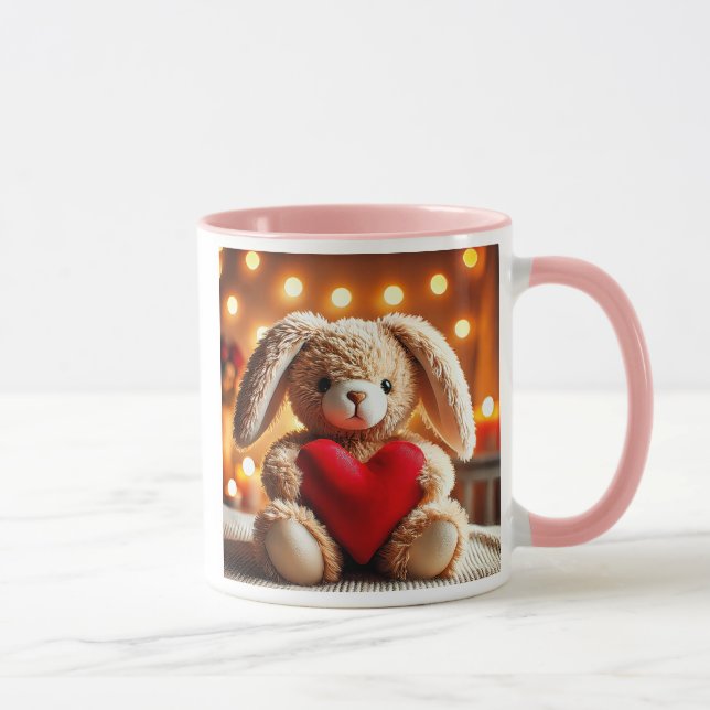 Caneca Lapin en peluche mignon avec un cœur rouge. (Direita)