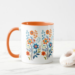 Caneca Laranja Amarelo Azul Verde Floral Retro Vintage