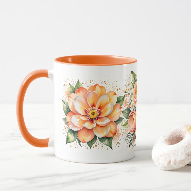 Caneca Laranja Aquarela Flor Disposição Café (Com Donut)