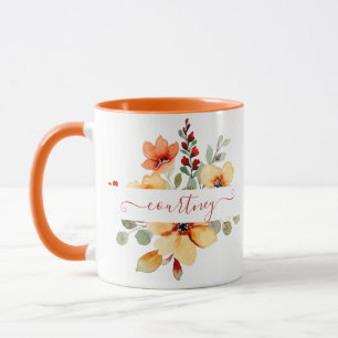 Caneca Laranja brilhante floral personalizado aquarela