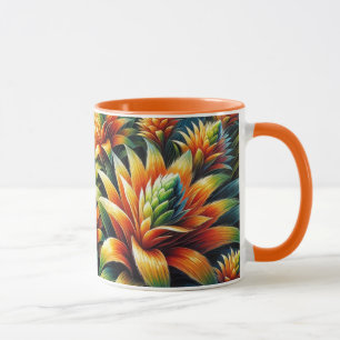 Caneca laranja com flores amarelas e verdes