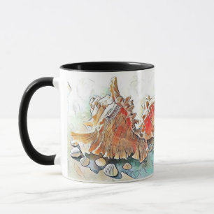 Caneca Laranja Conchas na pintura aquosa de praia