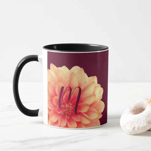 Caneca Laranja Elegante Flores de Dahlias Monograma de Bo (Com Donut)