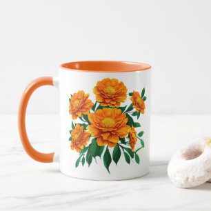 Caneca Laranja Marigold Buquê com Folhas Verdes