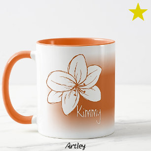 Caneca Laranja Minimalista Flor Desenhada à Mão Seu Nome