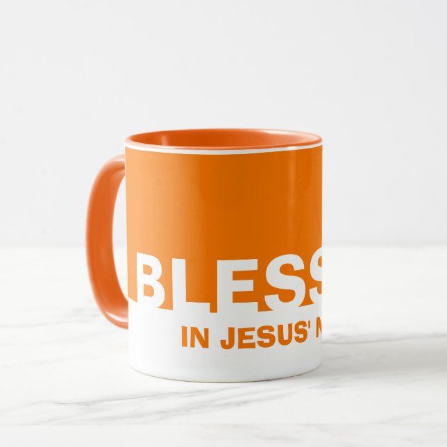 Caneca Laranja Moderno BESSADO Em Nome De Jesus Cristão (Frente Esquerda)