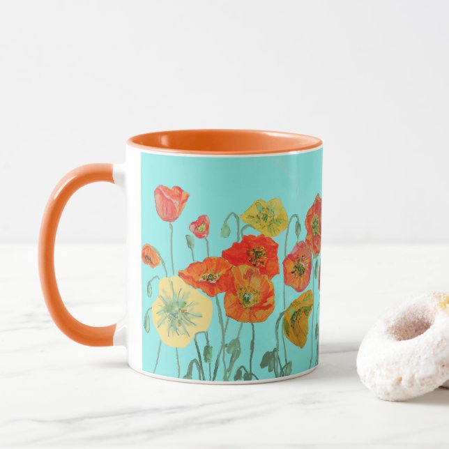 Caneca Laranja Shabby Poppy Flores Mãe Filha Mug Aqua (Com Donut)