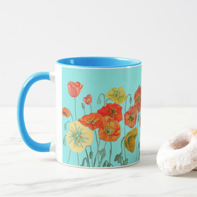 Caneca Laranja Shabby Poppy Flores Mãe Filha Mug Aqua (Com Donut)