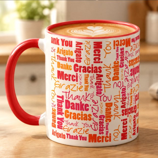 Caneca Laranja Vermelho Obrigado Multilíngue (Red and orange thank you word cloud designed 11 ounce coffee filled ceramic mug on table.)
