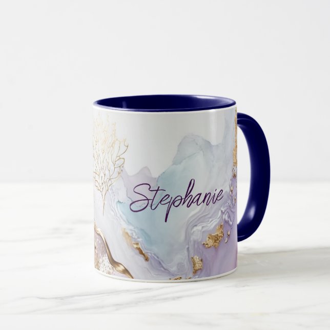 Caneca Lavagem de Aquarela Roxa Azul Dourada Monogramada (Frente Esquerda)