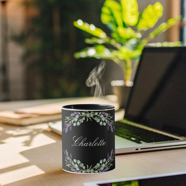 Caneca Lavanda floral eucalyptus verde preto (Criador carregado)