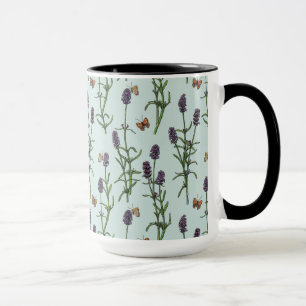 Caneca Lavandas e borboletas no vidro marinho