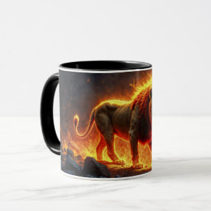 Caneca Leão de chamas queimando arte de fantasia de fogo