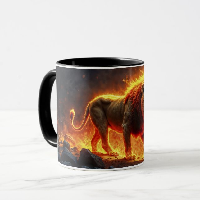 Caneca Leão de chamas queimando arte de fantasia de fogo  (Frente Esquerda)