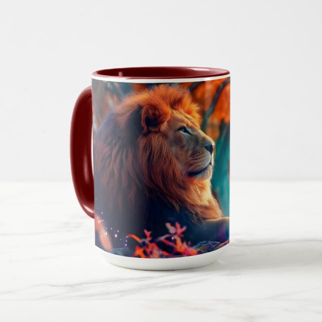 Caneca Leão Majestoso no Design da Floresta Encantada (Frente Esquerda)