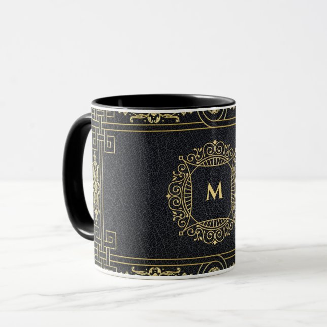 Caneca Leather Dourada Art Deco Monograma - Letra Café (Frente Esquerda)