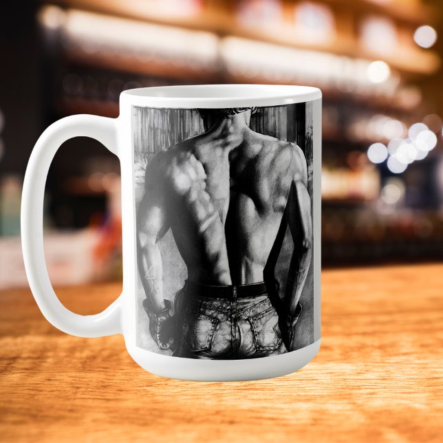 Caneca Legal Belas Artes, Bare-Back Cowboy Sketch (Strong, working western cowboy coffee mug. Charcoal drawing on various styles of coffee/travel mugs.)