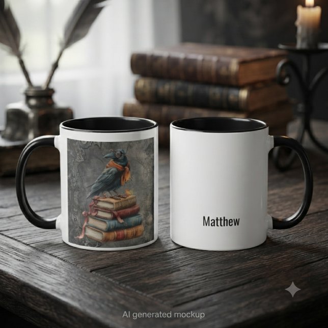 Caneca Leitor Gótico Corvo Erudito Estética (Scholarly raven with antique books, perfect for dark academia lovers and quiet reading sessions.)