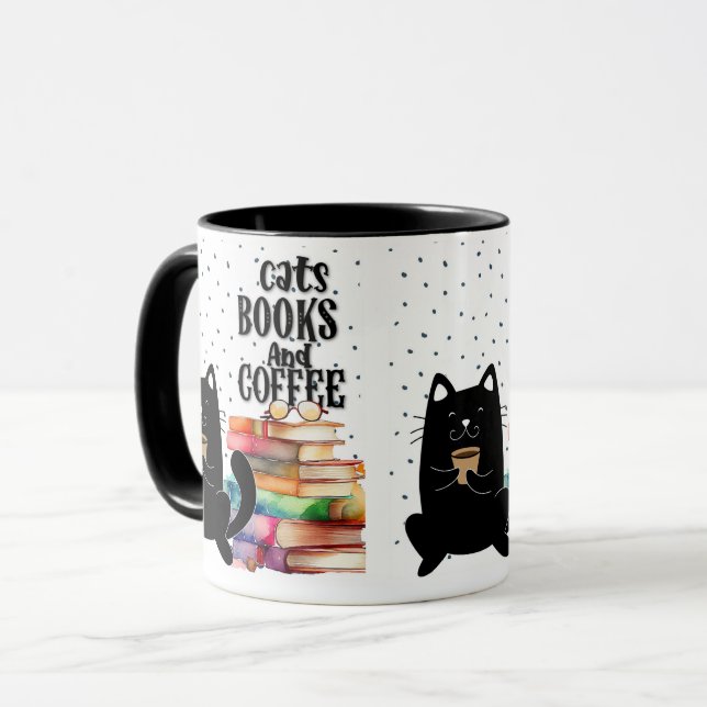 Caneca Leitura de Livros com Gato Preto Bonito: Livro de  (Frente Esquerda)