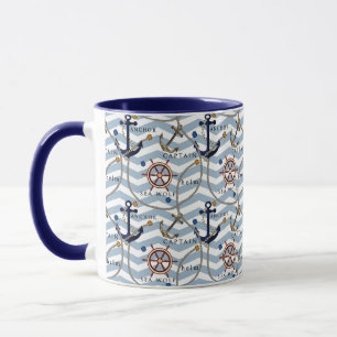 Caneca Leme náutico, leme branco azul zigzag