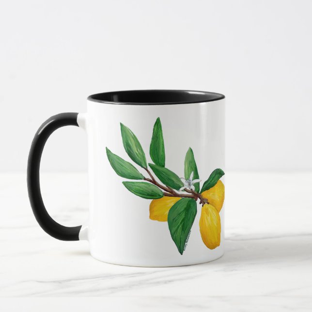 Caneca Lemon Leaf Watercolor Black Design | Fresh Citrus  (Esquerda)
