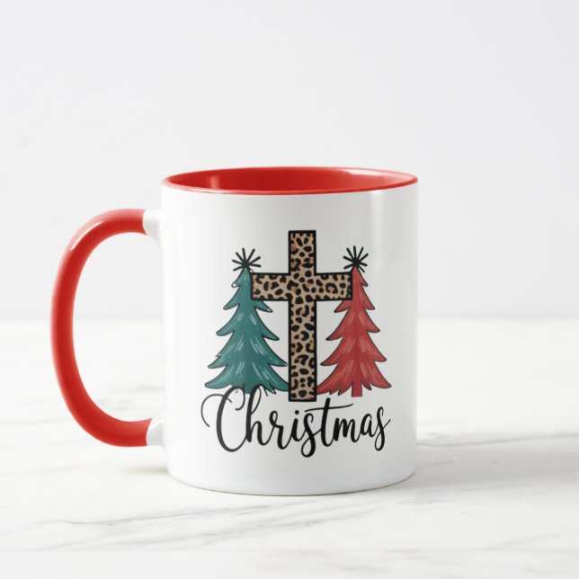 Caneca Leopard Cross Christmas Trees Christian (Esquerda)