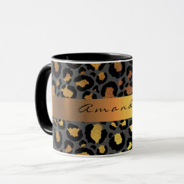 Caneca Leopard Skin Black Honey Dourado Stripe Name Perso