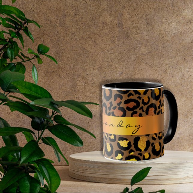 Caneca Leopard Skin Black Honey Dourado Stripe Nome Glam (Leopard Skin Black Honey Gold Stripe Name Glam Mug)