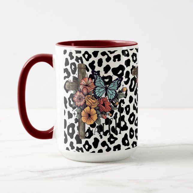 Caneca Leopardo-das-neves Cruz, Flores e Borboletas (Esquerda)