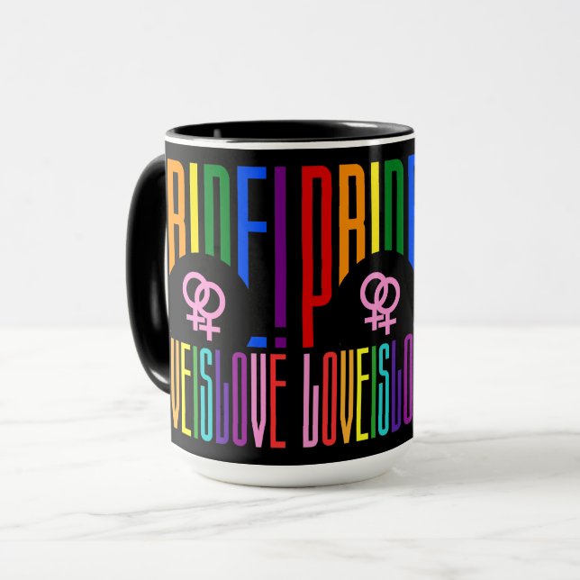 Caneca Lésbica Love is Love LGBT Pride Rainbow Typografia (Frente Esquerda)