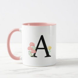 Caneca Letra A Aquarela Flores Florais Monograma