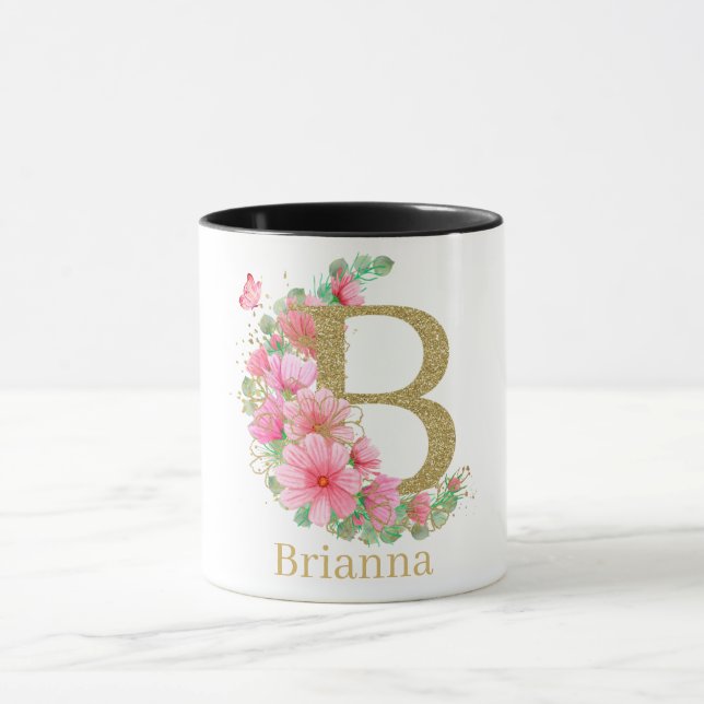 Caneca Letra B Monograma Floral e Dourada com Aquarela (Centro)