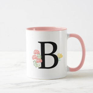 Caneca Letra B Monograma Flores de Aquarelas