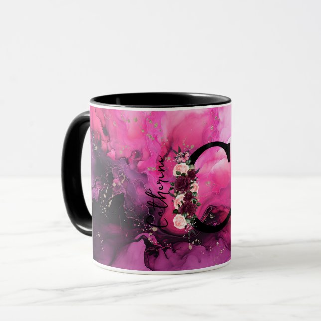 Caneca Letra C Monograma em Mármore Rosa e Roxo (Frente Esquerda)
