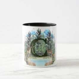 Caneca Letra C Monograma Personalizado de Veado em Aquare