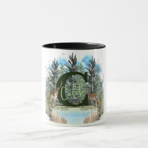 Caneca Letra C Monograma Personalizado de Veado em Aquare