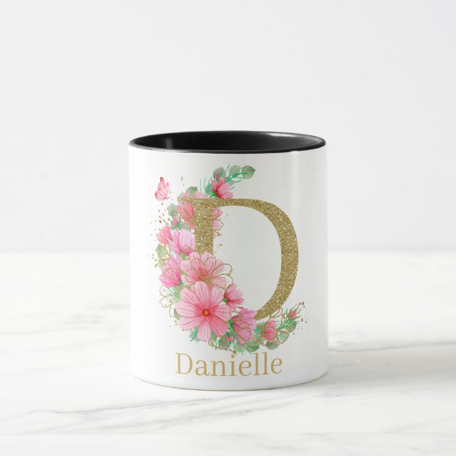 Caneca Letra D Monograma Floral e Dourada com Aquarela (Centro)