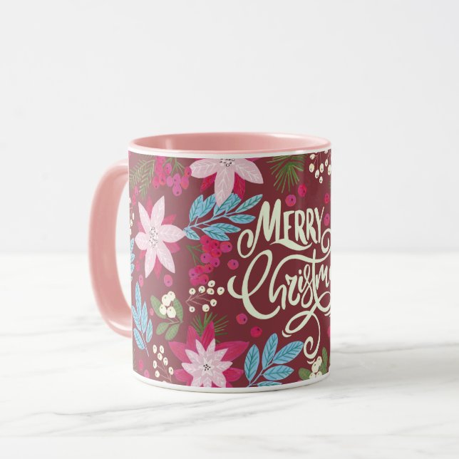 Caneca Letra de Natal cor-de-rosa-Floral Mug (Frente Esquerda)