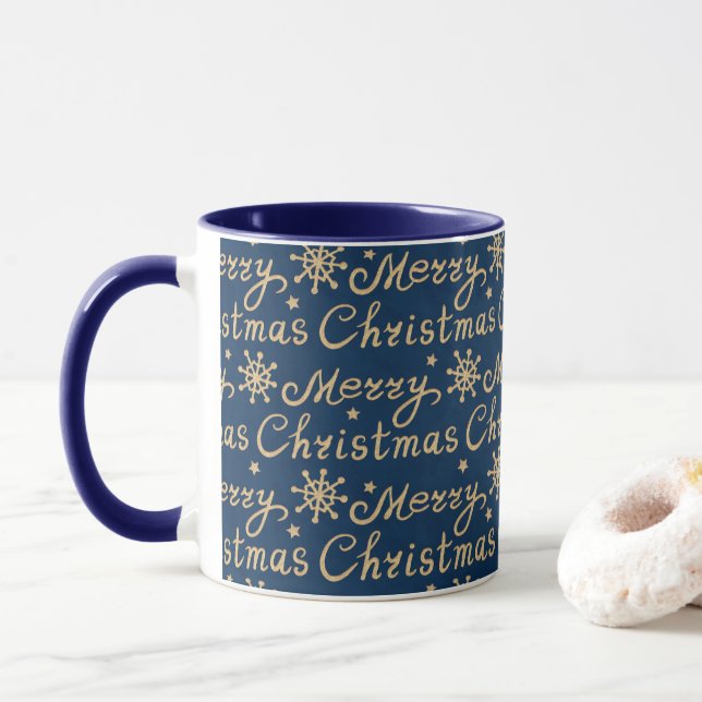 Caneca Letra de Natal Faux Dourada e Marinho Azul Merry (Com Donut)