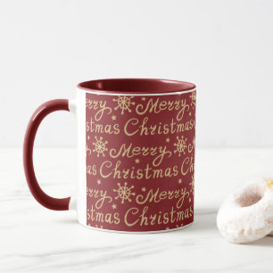Caneca Letra de Natal Faux Dourada e Red Merry