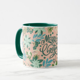 Caneca Letra de Natal verde-rosa-floreada Mug