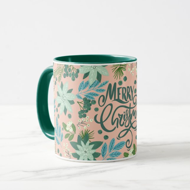 Caneca Letra de Natal verde-rosa-floreada Mug (Frente Esquerda)
