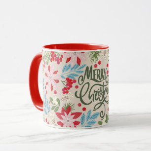 Caneca Letra de Natal vermelha Floral Mug