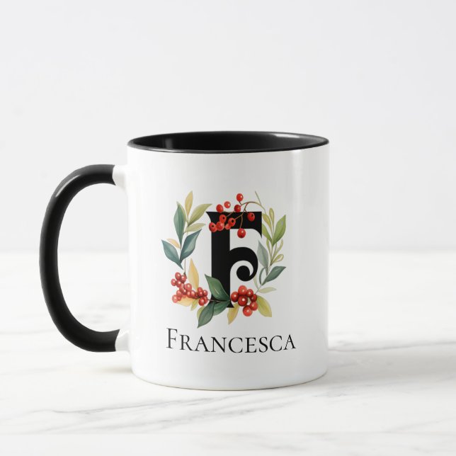 Caneca Letra F Monograma Berry Wreath de Natal (Esquerda)
